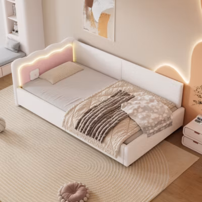Lit Banquette 90×200 cm – Lit Simple avec LED Ambiance et Contrôle de l&rsquo;APP, Vliesimitat et MDF, Sans Matelas, Blanc