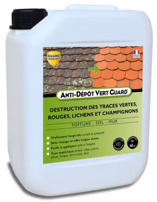 Anti Dépôt Vert GuardToute Pierre Tuile Zinc Bois Nettoie Traces Vertes Moisissure Algues Rouge Lichens 5 Litres Traite 30 m2