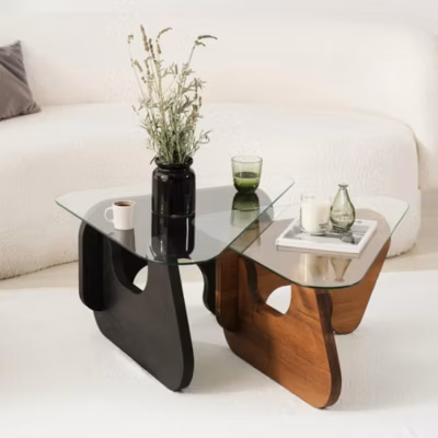 Table basse gigogne verre 2 bois, triangle (lot de 2) ANZIO