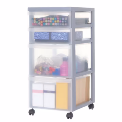 Iris Ohyama, Tour de rangement plastique sur roulettes A4, 4 Tiroirs mix, Gris, DC-322