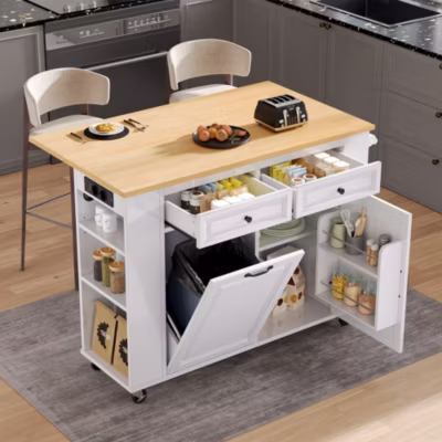 Îlot de Cuisine Mobile avec Table Extensible, Poubelle Intégrée, Porte-Serviette et Prise Électrique, Blanc, 120×40-70×92 cm