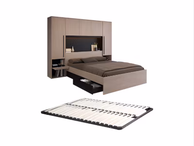 Lit pont 140 x 190 cm avec rangements – Avec LEDs – Coloris : Naturel et noir + Sommier – VELONA
