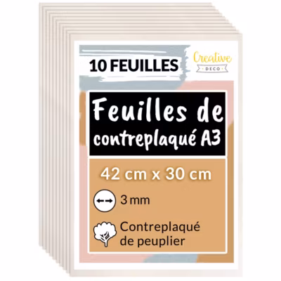 Creative Deco 10 x A3 Contreplaqué 420 x 300 x 3mm (+/-0,5mm) – Bois Brut Peuplier – Panneau Découpe Laser – Pyrogravure Gravure