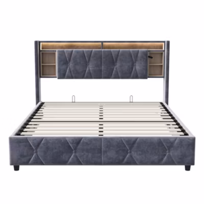 Lit Coffre Avec LED Et USB, Lit Tapissé 140×200, Tissu Velours, Sommier à Lattes En Bois Massif,gris