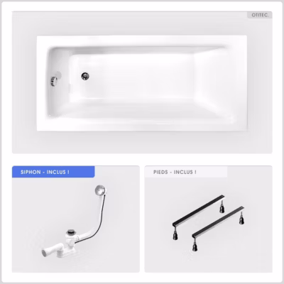 Baignoire rectangulaire – 150 x 70 cm – sans Habillage – avec Pieds – Vidage Chrome – TALIA SLIM