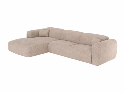 Grand canapé d&rsquo;angle gauche convertible express en velours côtelé fines côtes beige – Matelas 13 cm mémoire de forme POGNI
