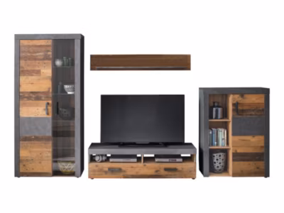 Ensemble de 4 meubles de salon avec éclairage LED inclus – Mélaminé vieux bois – Naturel-Gris – 343 – 189 – 40 cm
