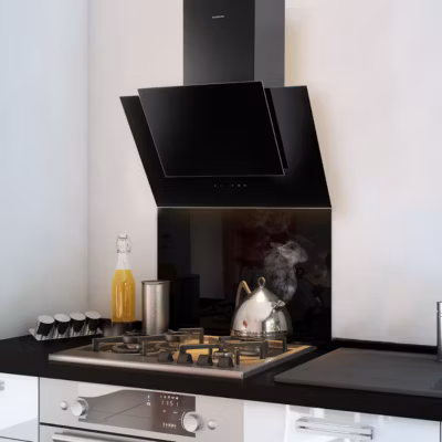 Crédence cuisine fond de hotte verre brillant – Noir l 90 x H 50 cm
