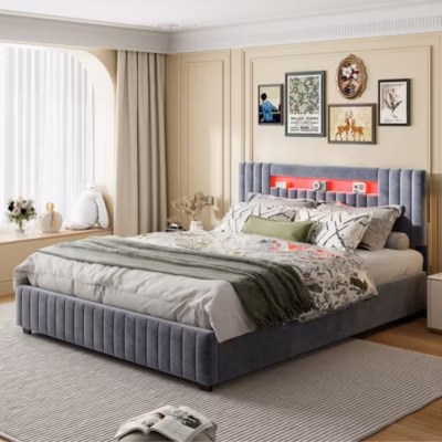Lit coffre 160x200cm – Lit double avec sommier à lattes et tête de lit LED avec rangemet, en tissu velours gris
