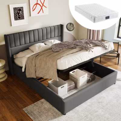 Lit 140×200 cm avec rangement hydraulique, tête de lit rembourrée en lin gris et cadre bois-métal élégant