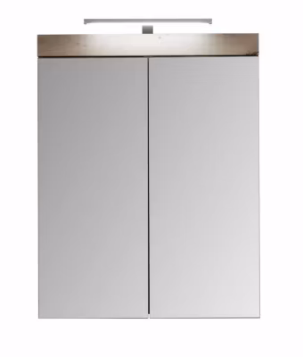 AMANDA – Armoire de toilette murale mélaminé avec bandeau lumineux blanc/chêne – 2 portes miroir. L – H – P : 60 – 77 – 17 cm