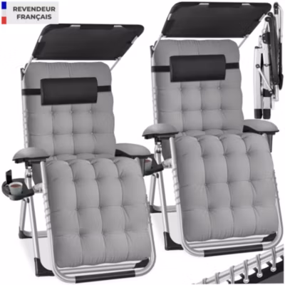Lot 2 chaises longues pliables pare-soleil et repose-pieds gris clair