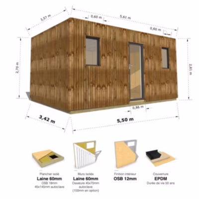 STUDIO DE JARDIN / 19,5 m2 – 5,55 x 3,52m / Plancher isolé / Bardage Brun / Intérieur OSB / Livraison Gratuite