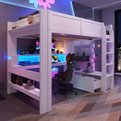 Lit superposé 140×200 cm avec bureau intégré et LED 16 couleurs, tiroir de rangement en pin massif, blanc