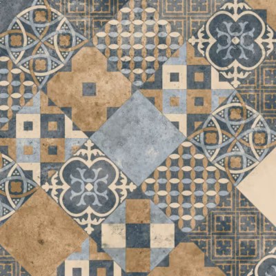 Sol PVC – Carreaux Art Déco – Marron et Bleu Gris – Rouleau de 3m x 16m