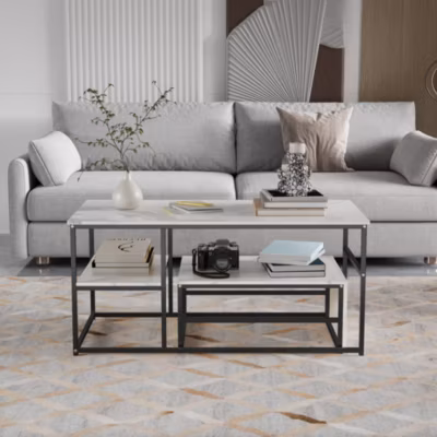 Tables basses gigognes carrées en marbre blanc avec cadres noirs – Ensemble moderne deux pièces