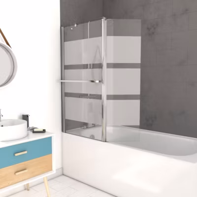 Pare baignoire + volet pivotant 130×105- Profile aluminium chrome et verre transparent bande depolie