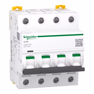 A9f74450 – Disjoncteur Tétrapolaire 4p 50a Courbe C – 4 Modules – 10ka – Schneider Electric Acti9 Ic60n