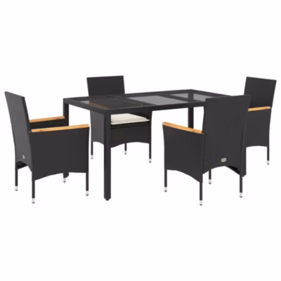 Prolenta Premium –  Ensemble à manger de jardin et coussins 5 pcs noir rotin verre