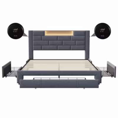 Lit double 160x200cm – cadre de lit en velours avec 3 tiroirs, sommier à lattes et tête de lit LED avec port USB/C – Gris