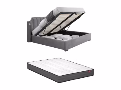 Lit coffre 160 x 200 cm avec tête de lit incurvée – Velours – Gris clair + Matelas – TEOMIS