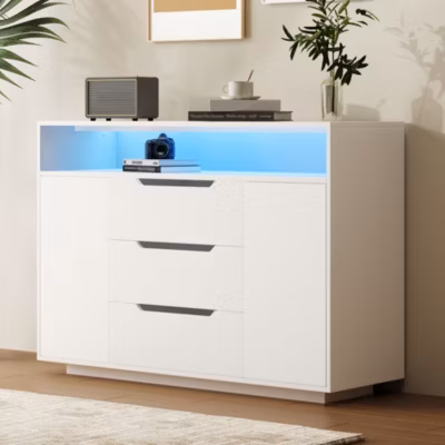 Buffet Moderne Blanc – Meuble de Rangement avec 3 Tiroirs, Portes Battantes et Étagères Ouvertes 120x40x85 cm