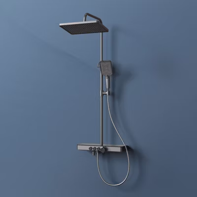 EMKE Colonne de douche Thermostat,étagères en verre, 3 types de jets, douche à effet pluie, anthracite
