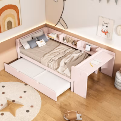 Lit 90×200 cm avec lit gigogne et bureau intégré, 3 étagères latérales, pin massif et MDF, design moderne rose