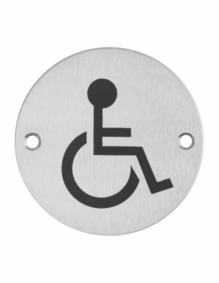 Disque de signalisation WC Handicapé , à visser, inox brossé, marquage noir, diamètre 76mm – THIRARD
