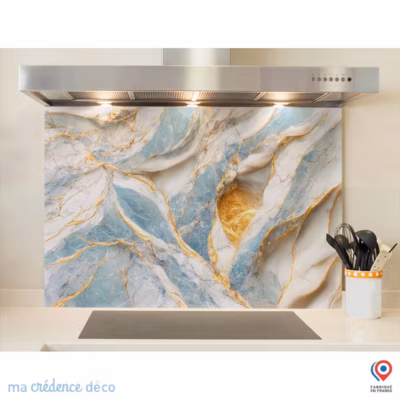 Crédence cuisine fond de hotte Marbre doré 4 – Verre trempé – L 90 cm x H 50 cm – MaCrédenceDéco