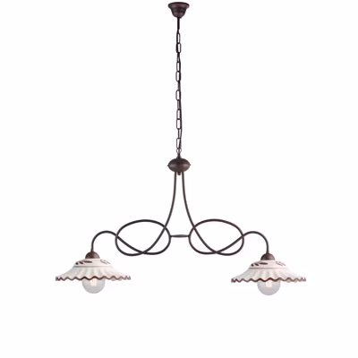 Lustre Bistrot fer noir, décor rouille, céramique d.30 blanc/marron, 2 lumières, format allongé 98×30 cm