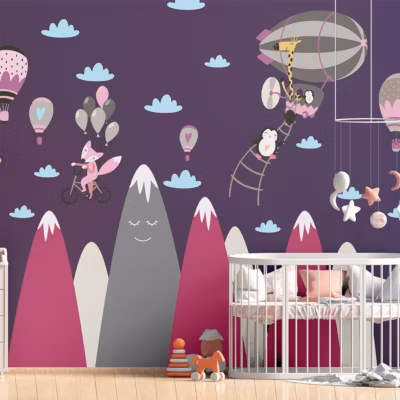 Stickers enfant montagnes scandinaves animaux heureux 40 x 60 cm