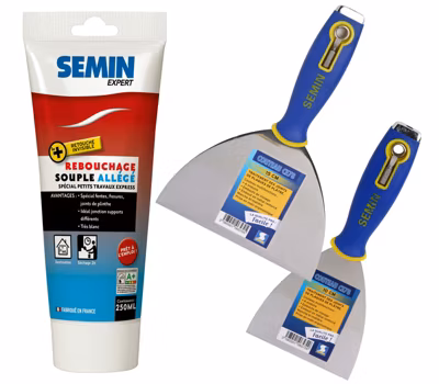 Enduit de Rebouchage Allégé Semin, Intérieur, Tube de 250 ml (115g), Blanc, 1 couteau à enduire 10 et 15 cm
