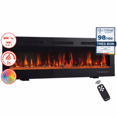 KAMINIO Cheminée électrique MARLON – Cheminée 3-en-1 avec chauffage, effet de flamme 3D, 12 couleurs de flammes – 50 pouces