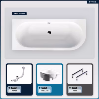 Baignoire asymétrique – 160 x 75 cm – Gauche – avec Habillage – Pieds – Vidage Chrome – AVITA
