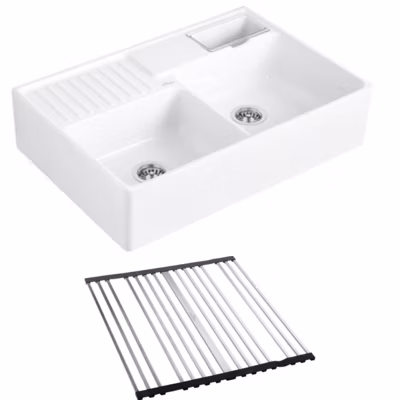 Evier timbre d&rsquo;office VILLEROY ET BOCH Tradition 2 bacs 89,5 x 63 céramique vidage auto blanc + Egouttoir déroulable