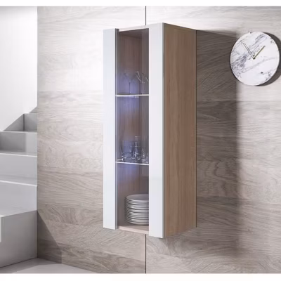 Vitrine armoire suspendue contemporaine – Blanc & Sonoma – 1 porte brill. – LED – 40x29x126 cm