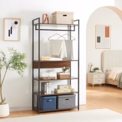 Portant à vêtements Larem avec 4 étagères 180 x 84 x 40 cm noir effet noyer en.casa