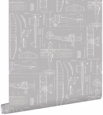 ESTAhome papier peint dessins de construction d&rsquo;avions taupe 53 cm x 10.05 m