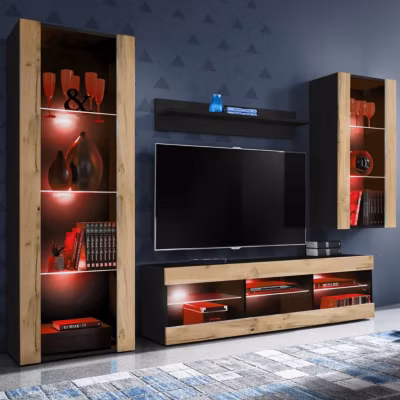 Meuble TV Tivoli Set Medio Komodee – LED RGB – Bois naturel Mat et Noir – 195x159x35 cm