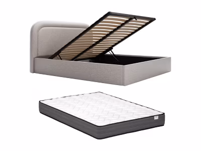 Lit coffre 140 x 190 cm – Tissu chiné – Gris clair + Matelas – FIREZA