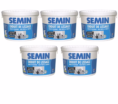 Enduit de Lissage en Pâte pour Murs et Plafonds Semin, Intérieur, Seau de 4 kg (lot de 5)