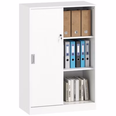 Armoire de bureau 2 portes coulissantes verrouillables dim. 80L x 40l x 120H cm 2 étagères panneaux particules blanc