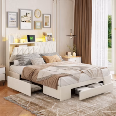 Lit coffre 140×190 cm velours beige pour 2 personnes avec sommier, tiroirs, tête rembourrée, rangement, LED, USB et Type-C