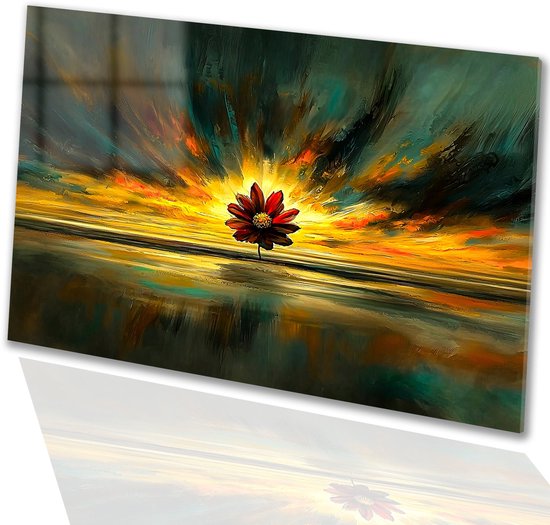 Fleur dans un coucher de soleil coloré – Tableaux en verre fleur – Décoration murale coucher de soleil – Expressionnisme abstrait – Tableaux sur verre acrylique – Accessoires de bureau – verre acrylique 150×100 cm