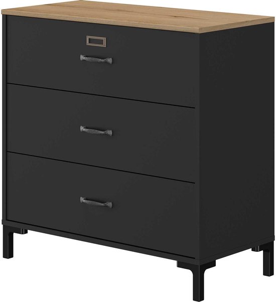 Commode Manno 3 tiroirs – noir/chêne Helvézia – Gautier – Diagone – Buffet cabinet – Noir – Panneaux de particules – Buffet cabinet