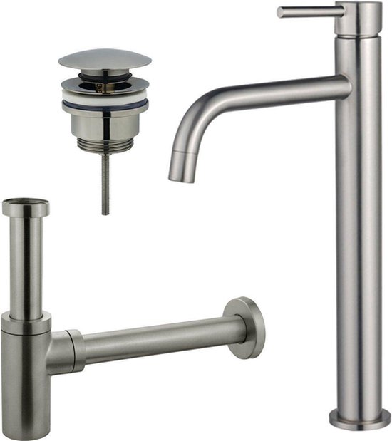 Fortifura Calvi Slim Robinetterie pour lavabo – robinet de lavabo surélevé – bonde à clic – siphon design – PVD Acier inoxydable brossé