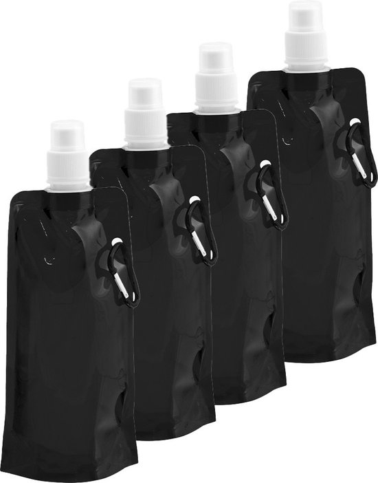 Gourde/gourde d&rsquo;eau – 4x – noir – rechargeable – pliable avec crochet – 400 ml – festival/ outdoor