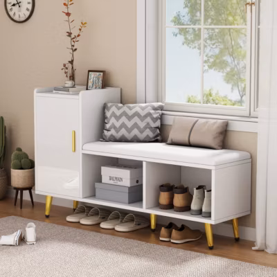 Meuble à Chaussures, Banc Rembourré – Meuble d&rsquo;entrée, Étagères Réglables, Porte, PU et Panneau/Particules, Blanc, 120x35x71,5 cm
