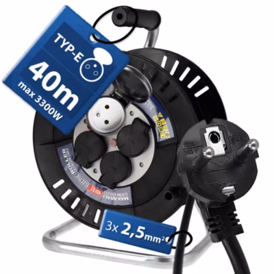 Enrouleur électrique 40 m, 4 prises, type E, 3×2,5 mm², IP44 – rallonge pour jardin et atelier HOROZ